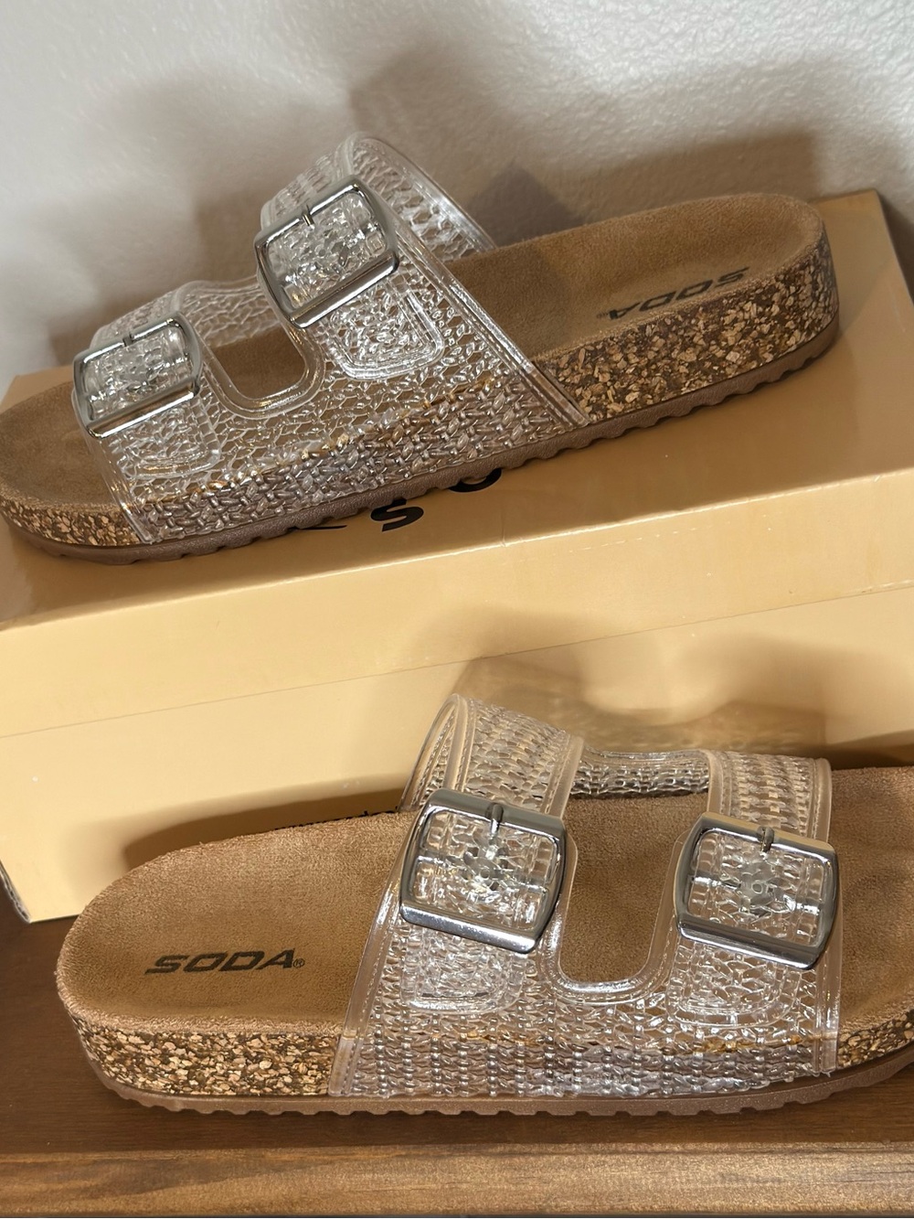 Clear Double-Buckle Cork Slide Sandals with Silver Buckles - Picture 2 of 8